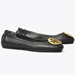 Tory Burch Women's Black Gold Minnie Logo Leather Slip-On Ballet Flat Size 8M